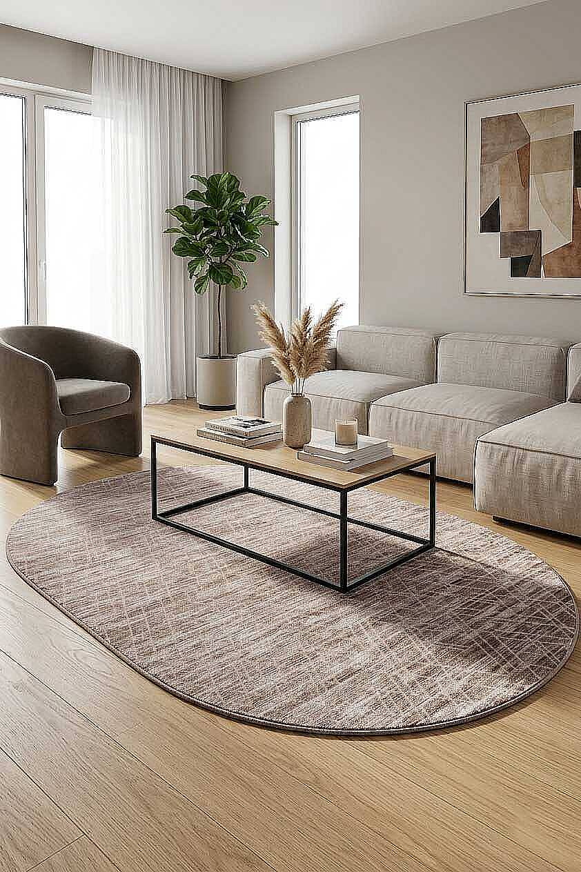 Geometrik Desenli Nar Yumuşak Dokulu Akrilik Oval Halı Nr02 Bej - 1