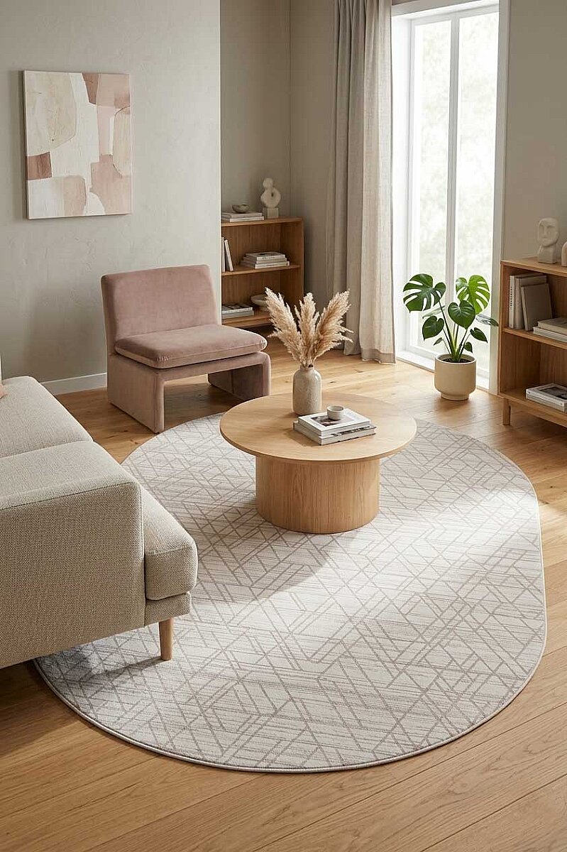 Geometrik Desenli Nar Yumuşak Dokulu Akrilik Oval Halı Nr02 Kemik - Frenda