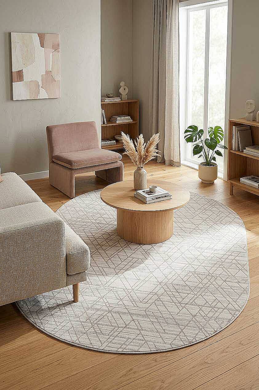 Geometrik Desenli Nar Yumuşak Dokulu Akrilik Oval Halı Nr02 Kemik - 1