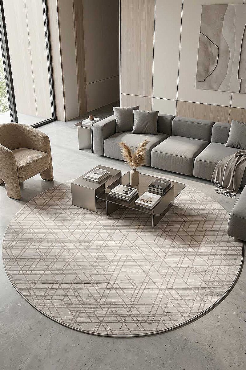 Geometrik Desenli Nar Yumuşak Dokulu Akrilik Yuvarlak Halı Nr02 Kemik - Frenda