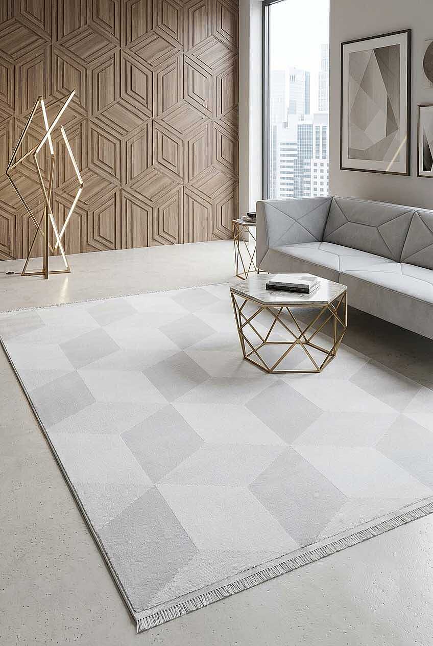 Geometrik Küp Desenli Prato İpeksi Lüks Viskon Halı Pr02 Gri