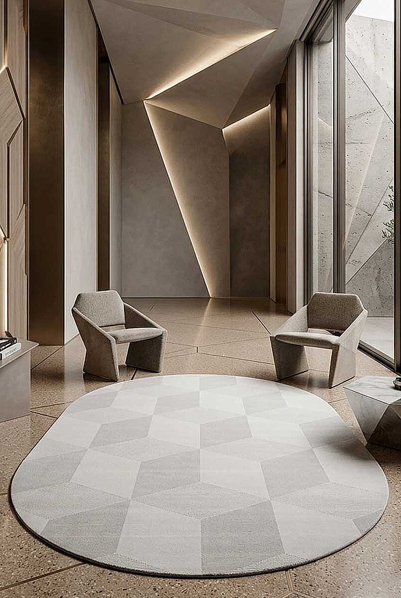 Geometrik Küp Desenli Prato İpeksi Lüks Viskon Oval Halı Pr02 Gri - Frenda
