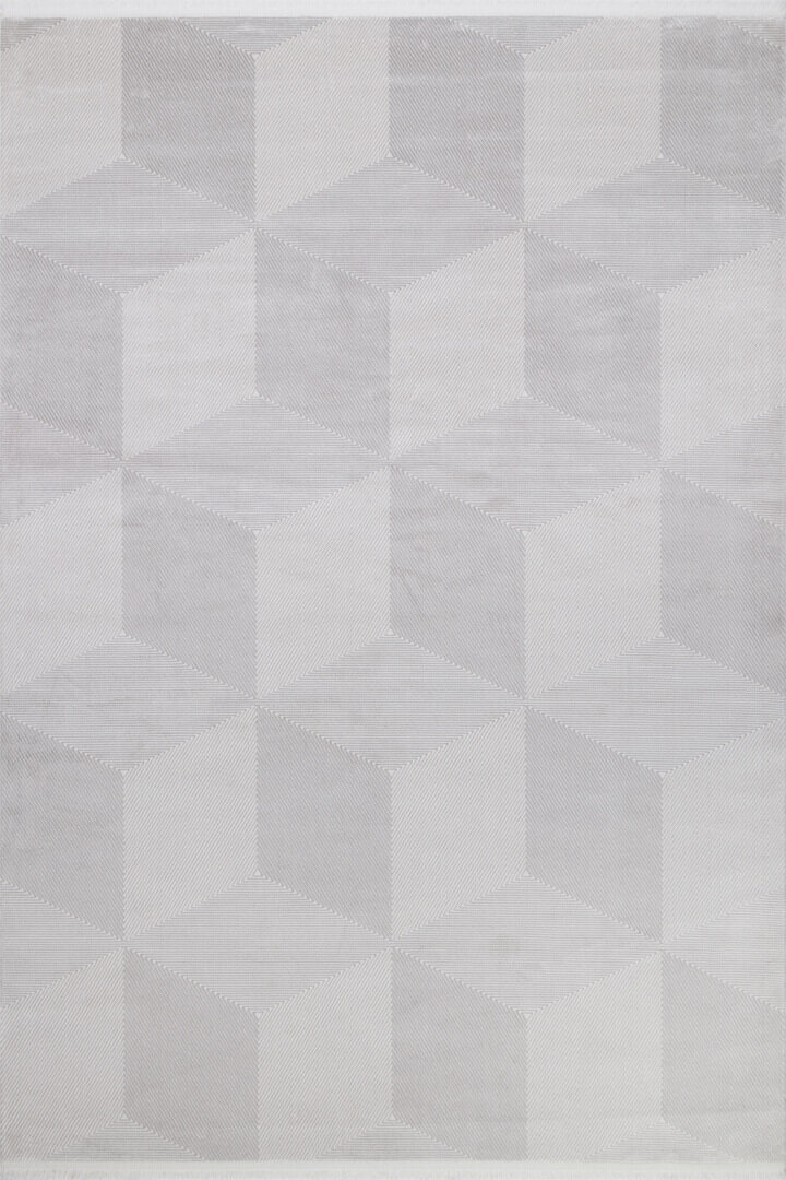 Geometrik Küp Desenli Prato İpeksi Lüks Viskon Yolluk Özel Ölçü Kesme Halı Pr01 Gri - 2