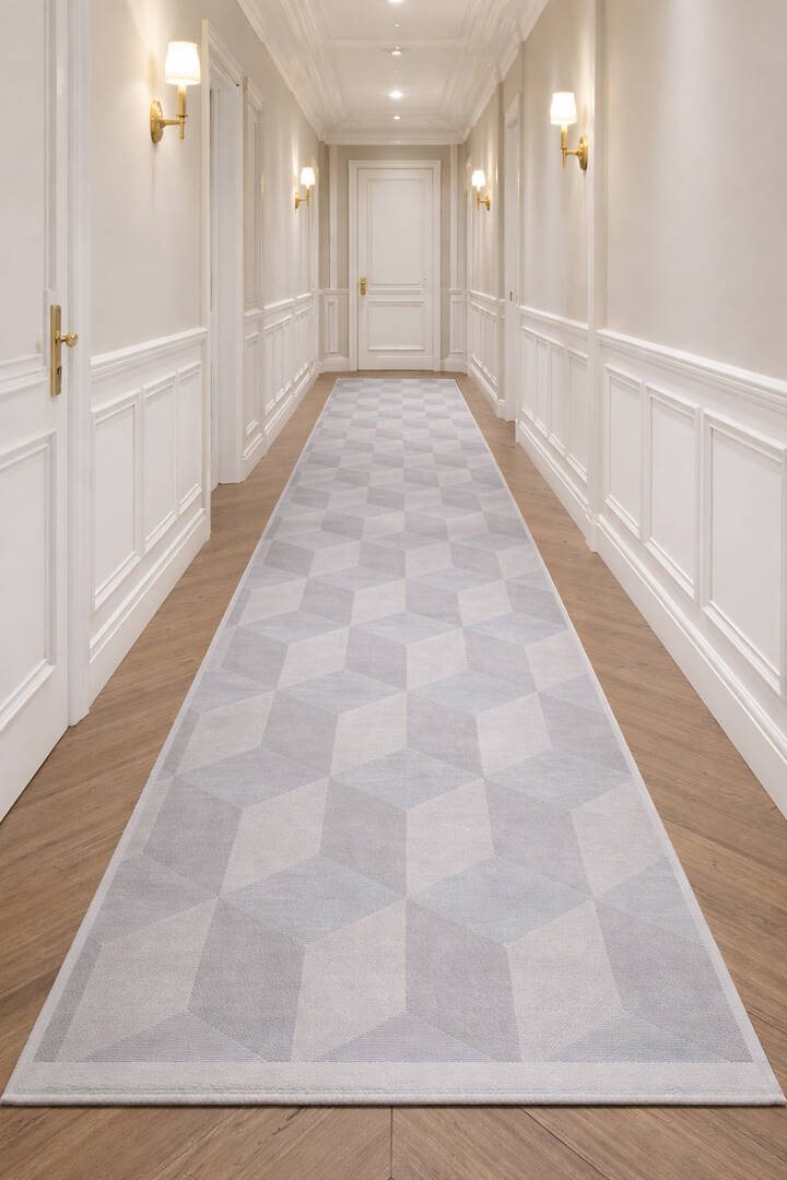 Geometrik Küp Desenli Prato İpeksi Lüks Viskon Yolluk Özel Ölçü Kesme Halı Pr01 Gri - 1