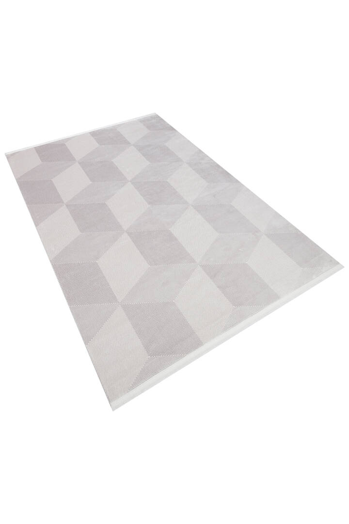 Geometrik Küp Desenli Prato İpeksi Lüks Viskon Yolluk Özel Ölçü Kesme Halı Pr01 Gri - 3