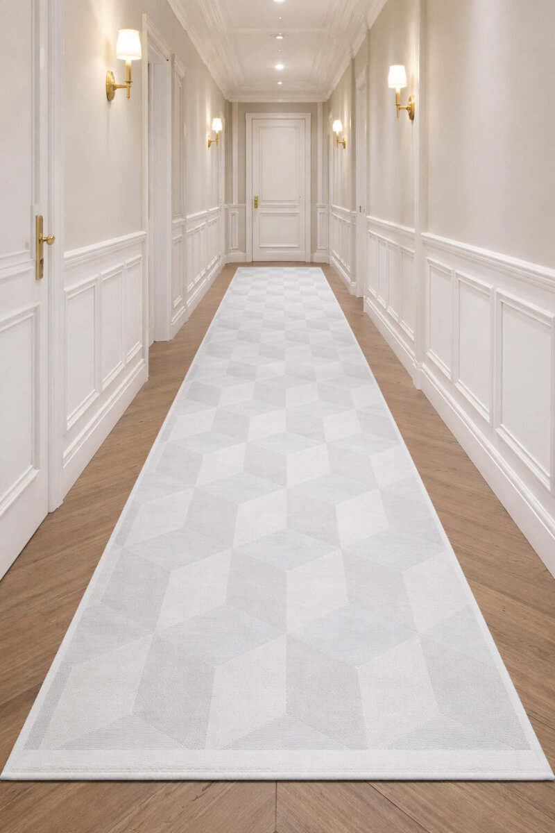 Geometrik Küp Desenli Prato İpeksi Lüks Viskon Yolluk Özel Ölçü Kesme Halı Pr02 Gri 