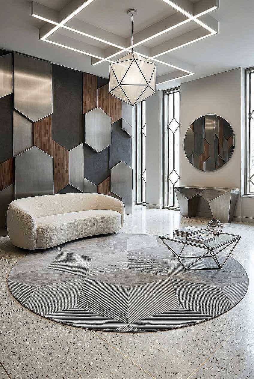Geometrik Küp Desenli Prato İpeksi Lüks Viskon Yuvarlak Halı Pr01 Gri - 1