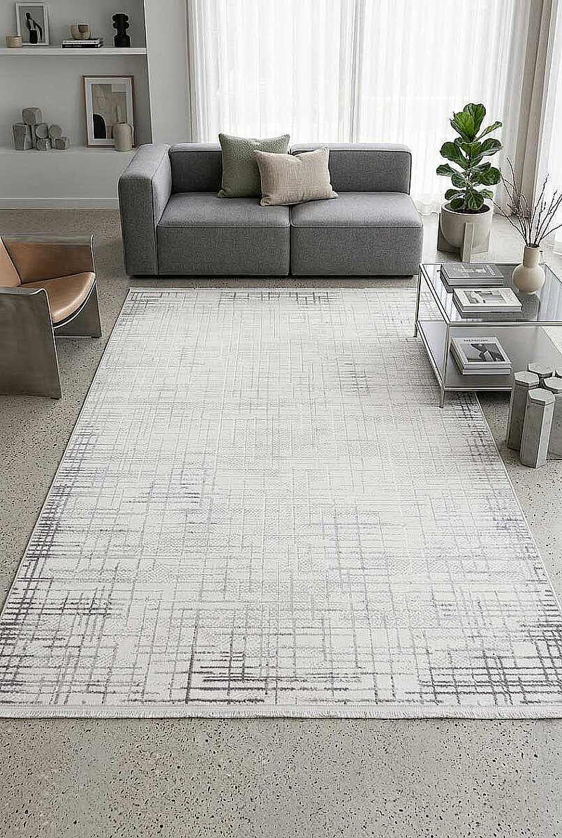 Geometrik Soyut Desenli Oskar Akrilik Makine Halısı Os04 Krem 