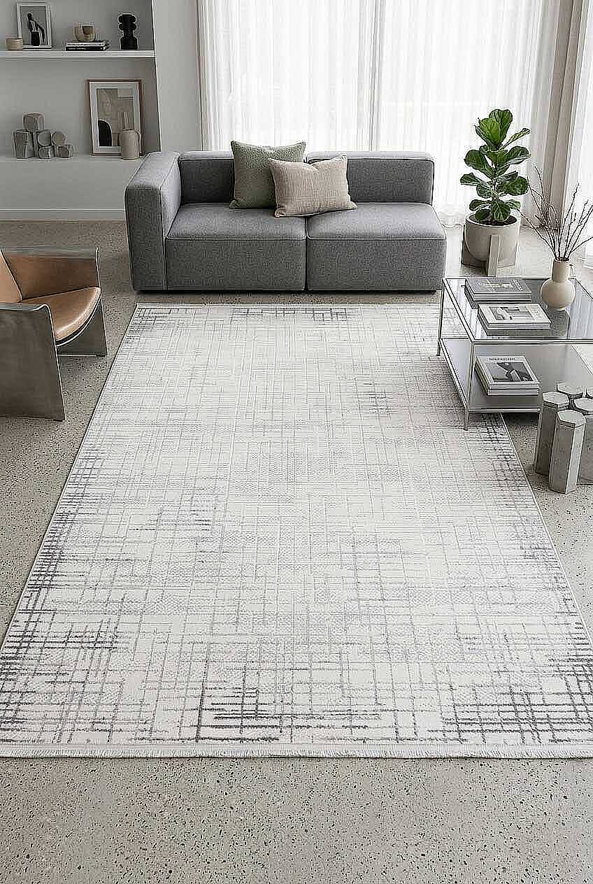 Geometrik Soyut Desenli Oskar Akrilik Makine Halısı Os04 Krem - 1