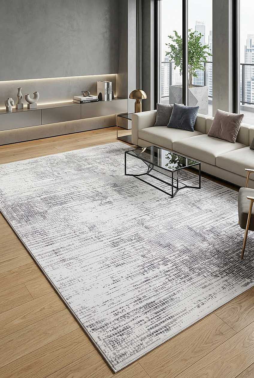 Geometrik Soyut Desenli Oskar Akrilik Makine Halısı Os05 Krem