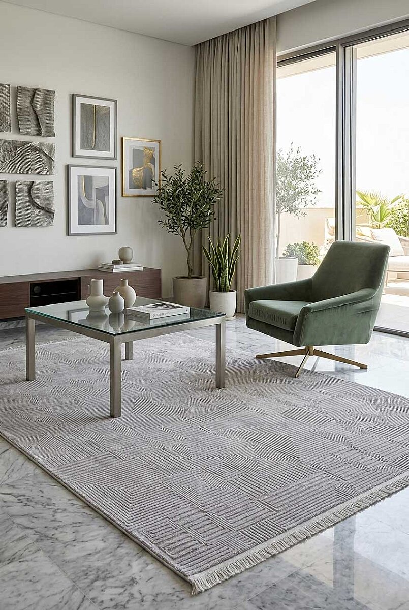 Geometrik Soyut Desenli Oskar Akrilik Makine Halısı Os06 Gri - Frenda