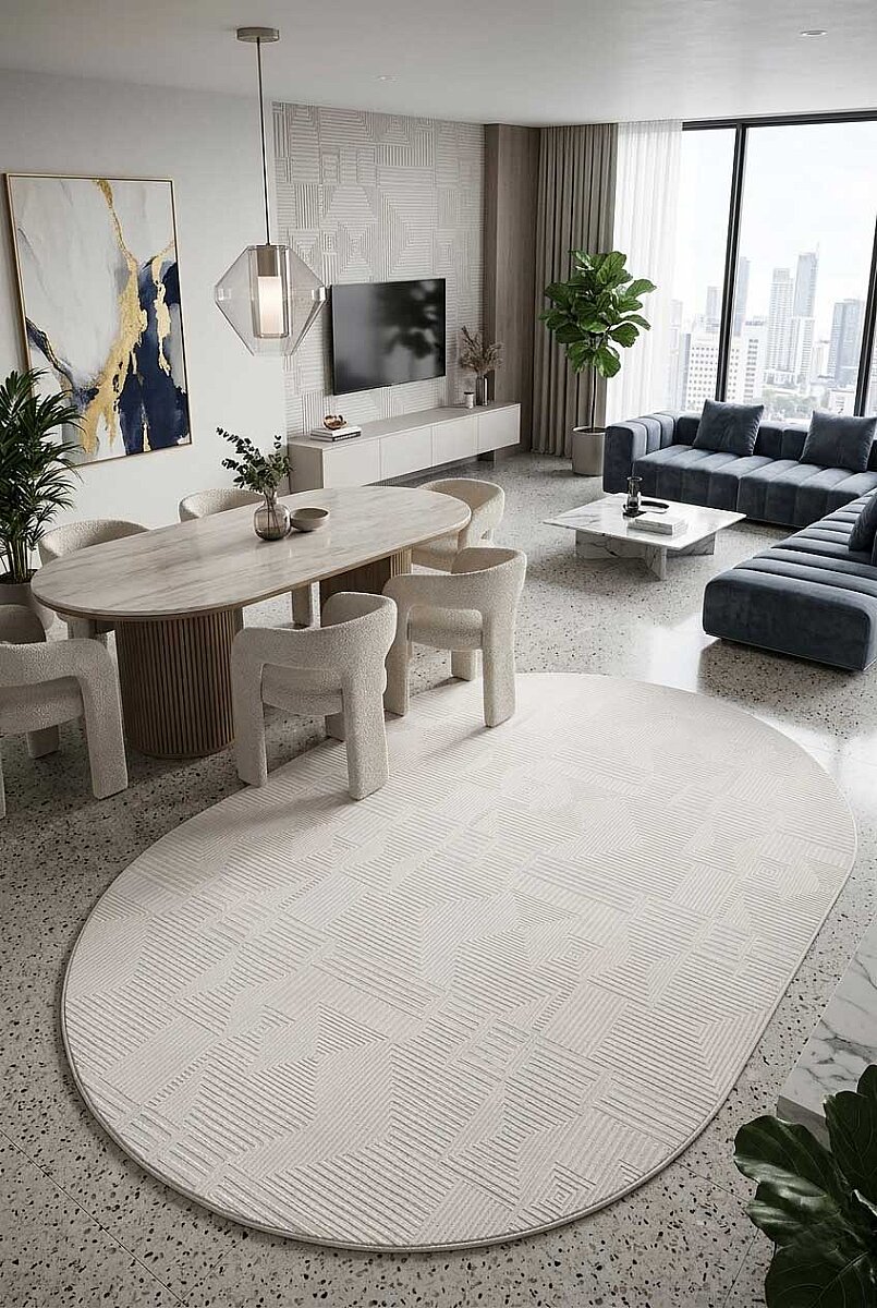 Geometrik Soyut Desenli Oskar Akrilik Makine Oval Halı Os02 Krem - Frenda