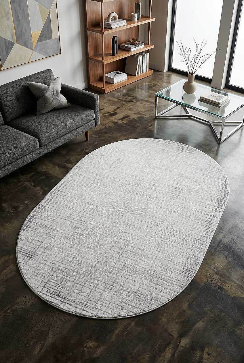 Geometrik Soyut Desenli Oskar Akrilik Makine Oval Halı Os04 Krem