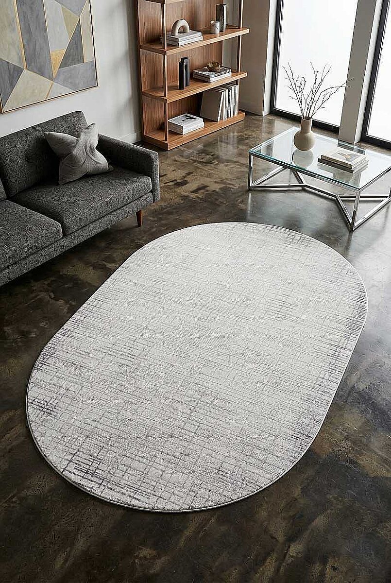 Geometrik Soyut Desenli Oskar Akrilik Makine Oval Halı Os04 Krem 
