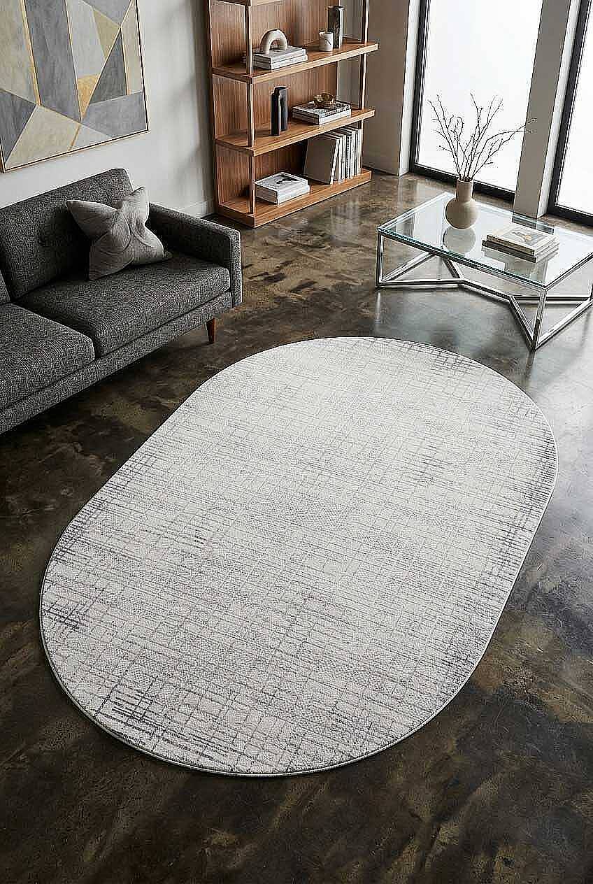 Geometrik Soyut Desenli Oskar Akrilik Makine Oval Halı Os04 Krem - 1