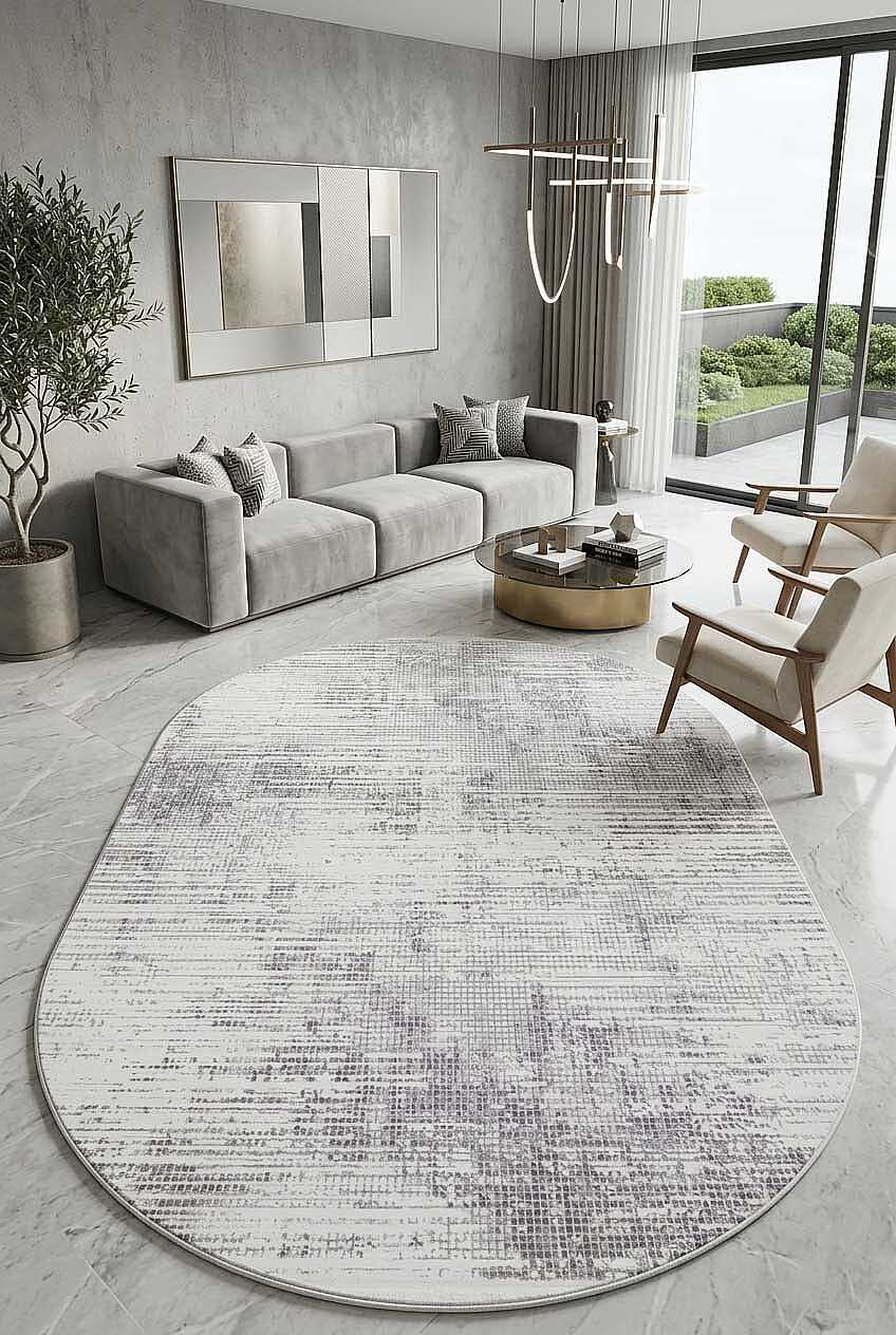 Geometrik Soyut Desenli Oskar Akrilik Makine Oval Halı Os05 Krem