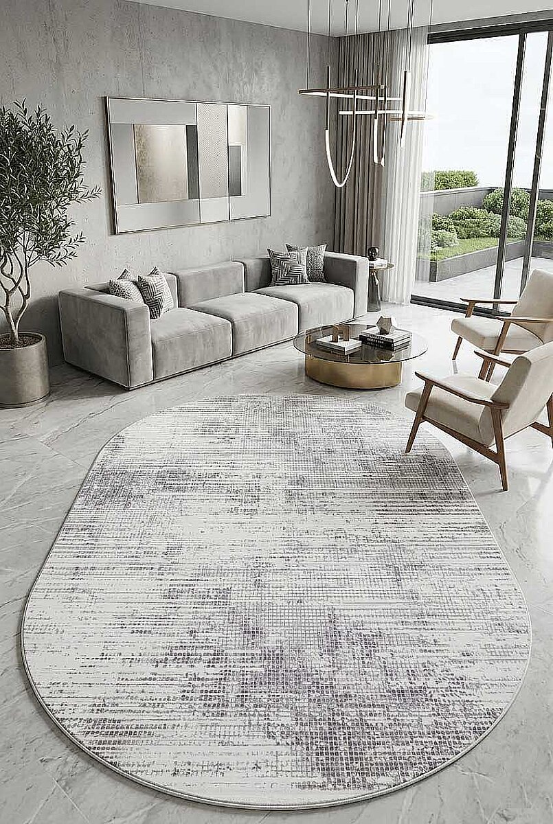 Geometrik Soyut Desenli Oskar Akrilik Makine Oval Halı Os05 Krem 