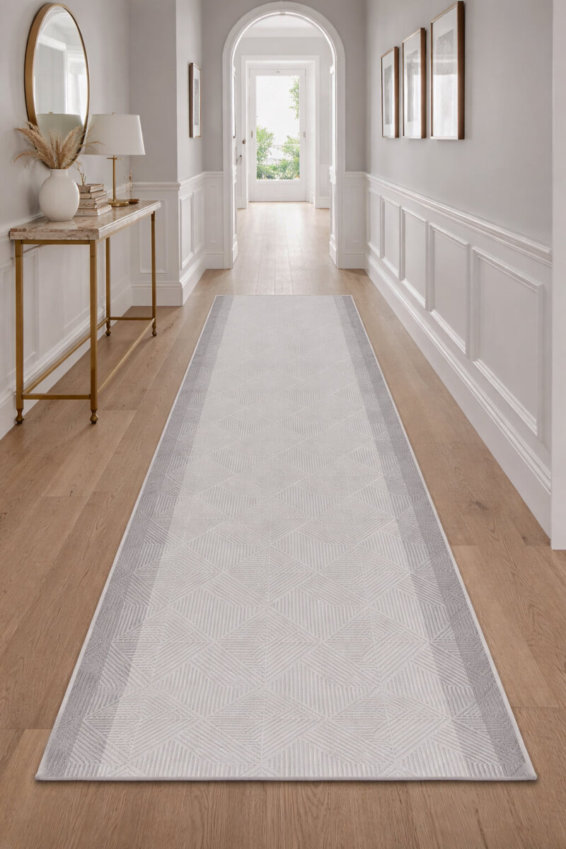 Geometrik Soyut Desenli Oskar Akrilik Makine Yolluk Özel Ölçü Kesme Halı Os01 Krem - Frenda