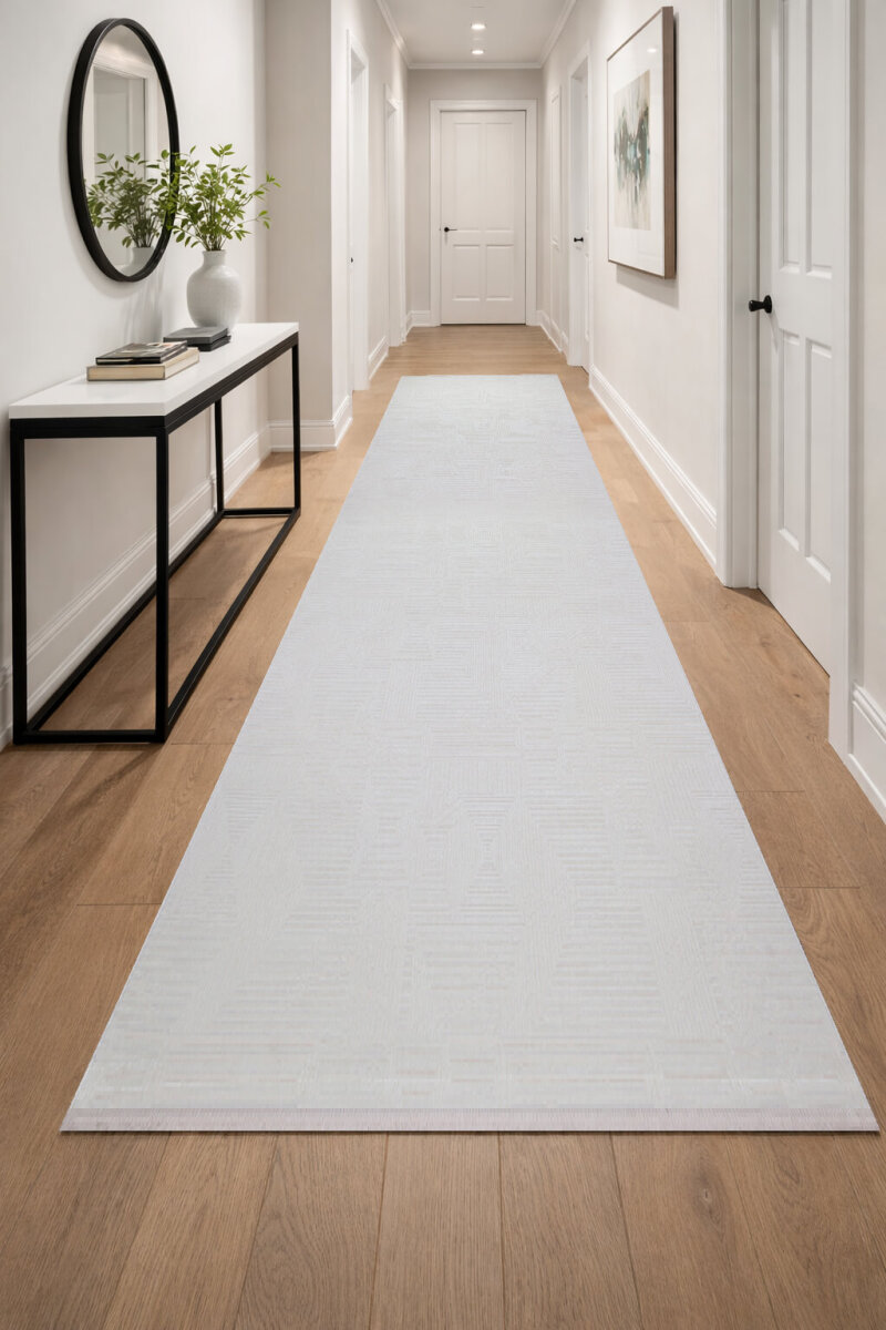 Geometrik Soyut Desenli Oskar Akrilik Makine Yolluk Özel Ölçü Kesme Halı Os02 Krem - Frenda