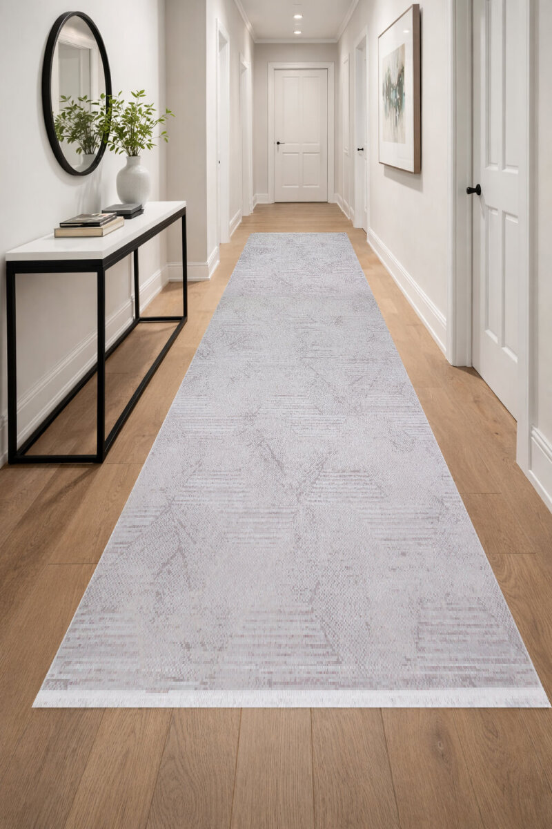 Geometrik Soyut Desenli Oskar Akrilik Makine Yolluk Özel Ölçü Kesme Halı Os07 Gri - Frenda