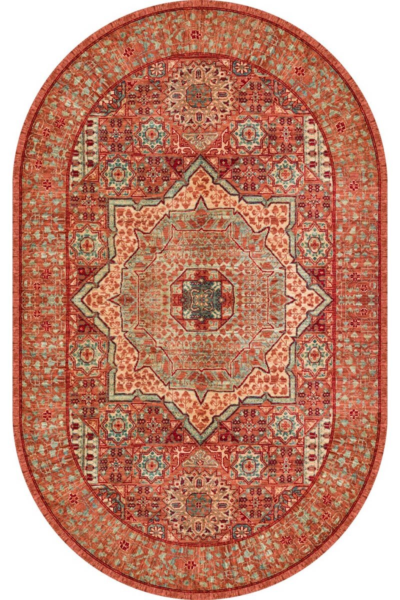 Frenda Home Vintage Desen Pamuk Taban Baskılı Yıkanabilir Oval Halı - 3