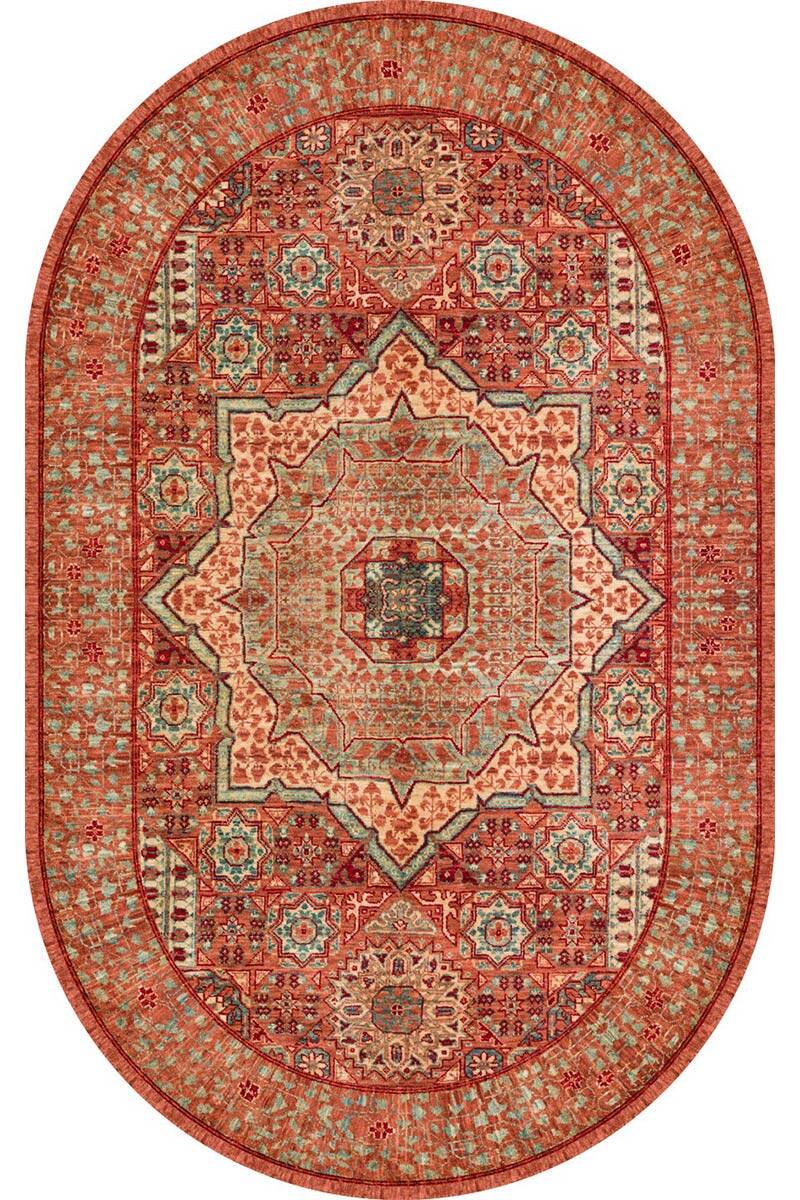 Frenda Home Vintage Desen Pamuk Taban Baskılı Yıkanabilir Oval Halı - 3