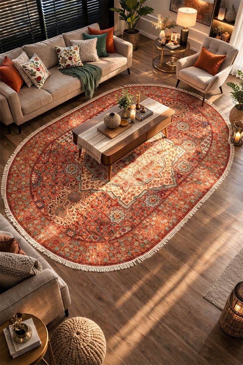 Frenda Home Vintage Desen Pamuk Taban Baskılı Yıkanabilir Oval Halı - 1