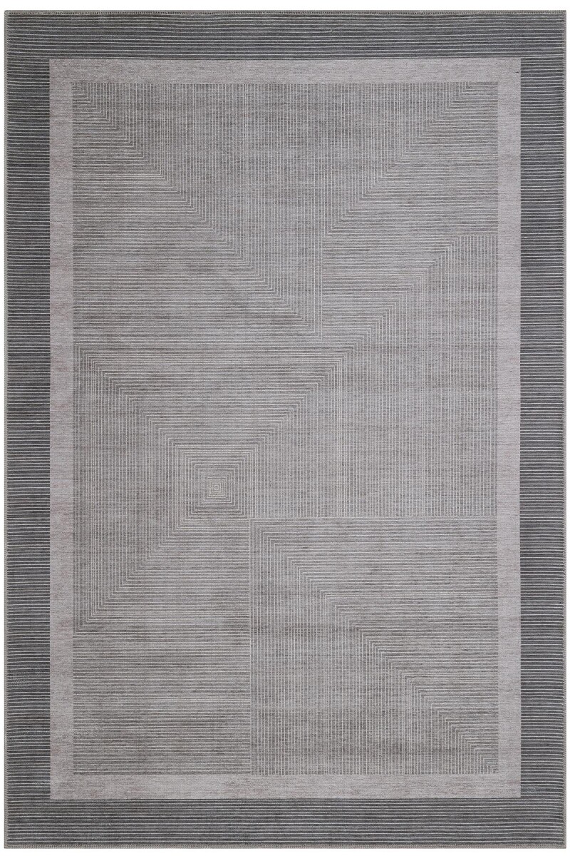 Hasır Görünümlü Dijital Baskı Şönil Pamuk Taban Koyu Gri Halı - Frenda