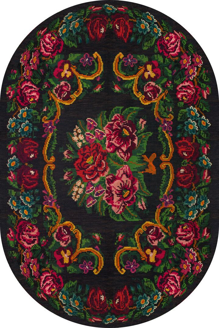 Karabağ Desenli Pamuk Taban Dijital Baskılı Oval Halı - Frenda