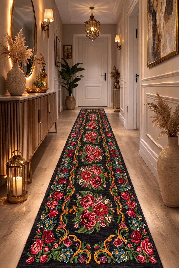 Karabağ Desenli Pamuk Taban Dijital Baskılı Yolluk Halı - Frenda