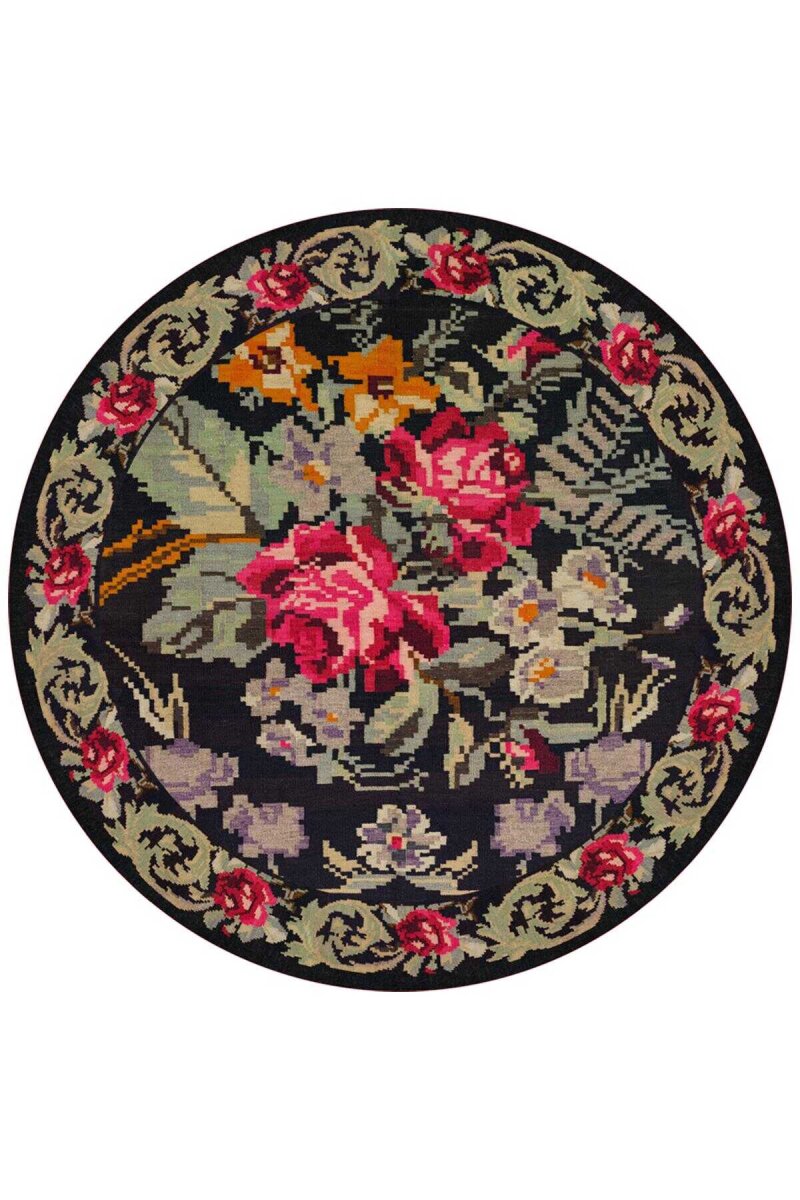 Karabağ Dokuma Pamuk Taban Dijital Dekoratif Yuvarlak Halı - Frenda