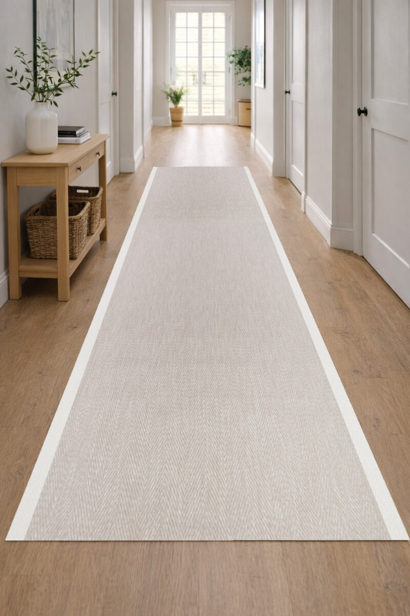 Kaymaz Yıkanabilir Minimal Bordürlü Bej Dekoratif Sisal Yolluk Özel Ölçü Kesme Halı Siesta 1503 