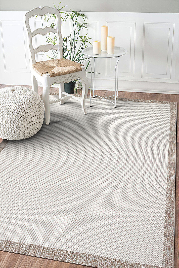 Kaymaz Yıkanabilir Minimal Bordürlü Krem Dekoratif Sisal Halı Siesta 1502 - Frenda