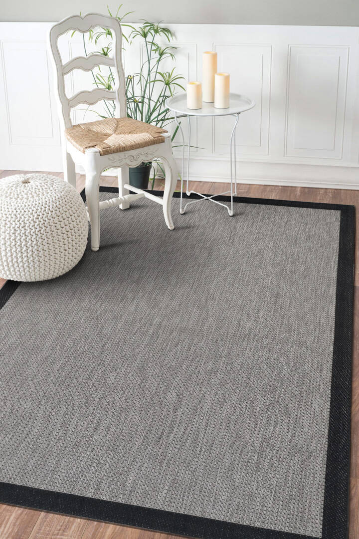 Kaymaz Yıkanabilir Minimal Bordürlü Siyah Dekoratif Sisal Halı Siesta 1505 - 1
