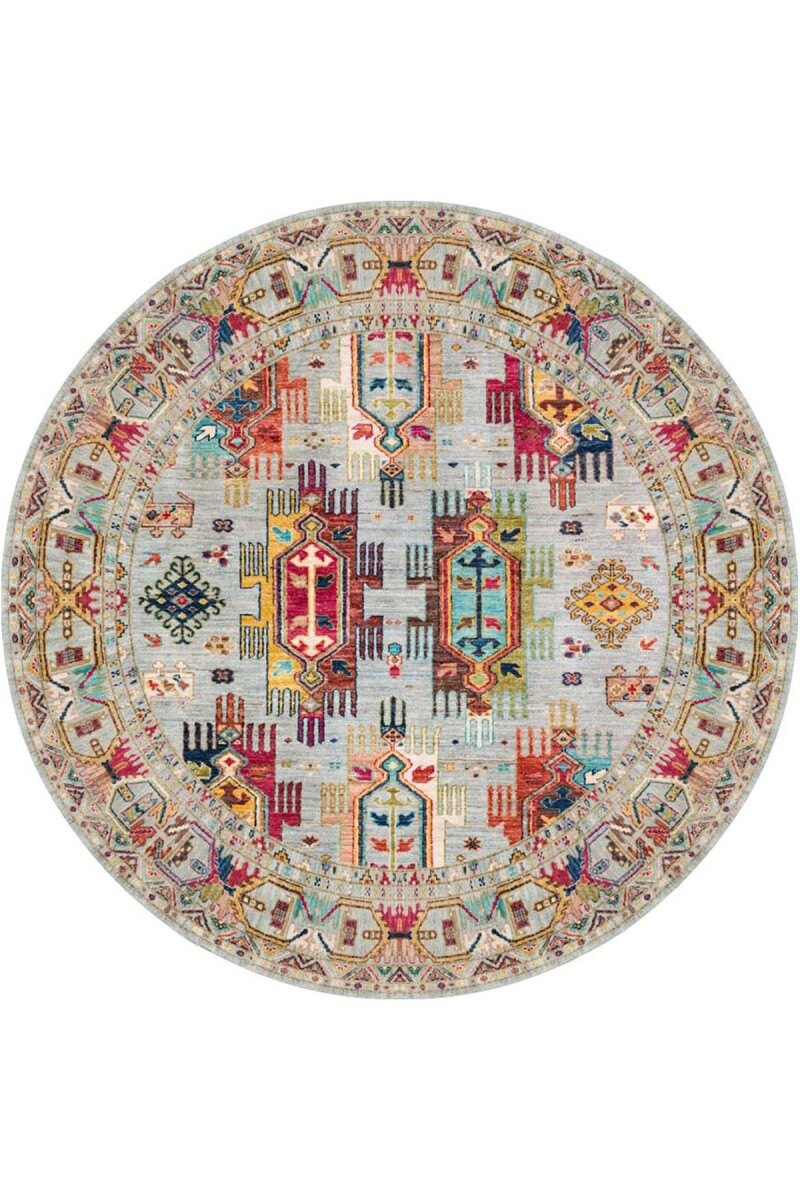 Kilim Desen Pamuk Taban Dijital Baskılı Yuvarlak Halı Bej 