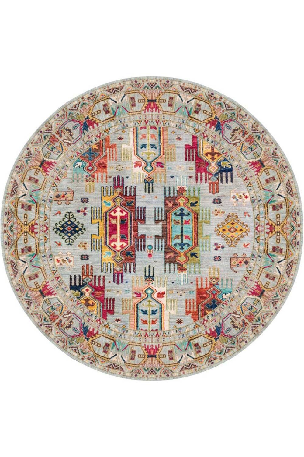 Kilim Desen Pamuk Taban Dijital Baskılı Yuvarlak Halı Bej - 1