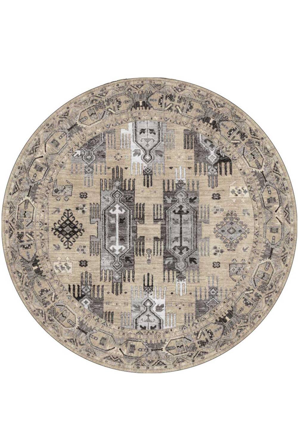 Kilim Desen Pamuk Taban Dijital Baskılı Yuvarlak Halı Krem - 1