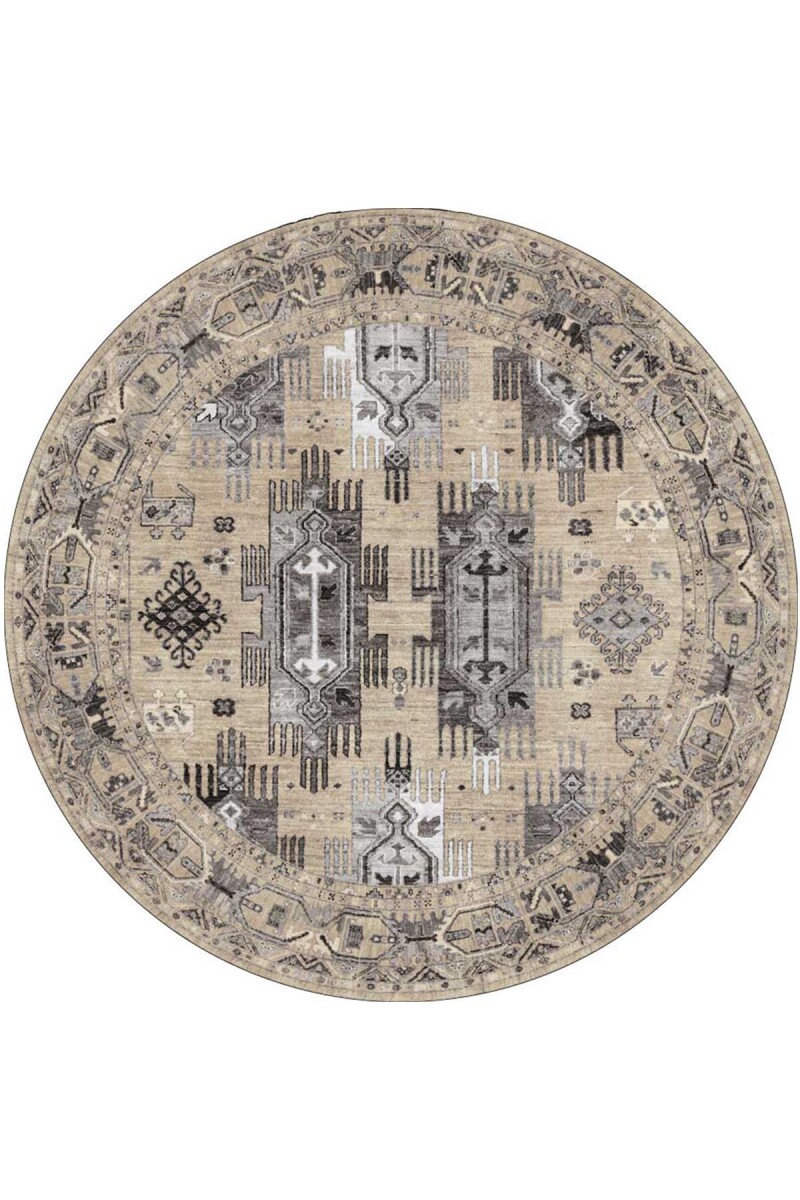 Kilim Desen Pamuk Taban Dijital Baskılı Yuvarlak Halı Krem - Frenda