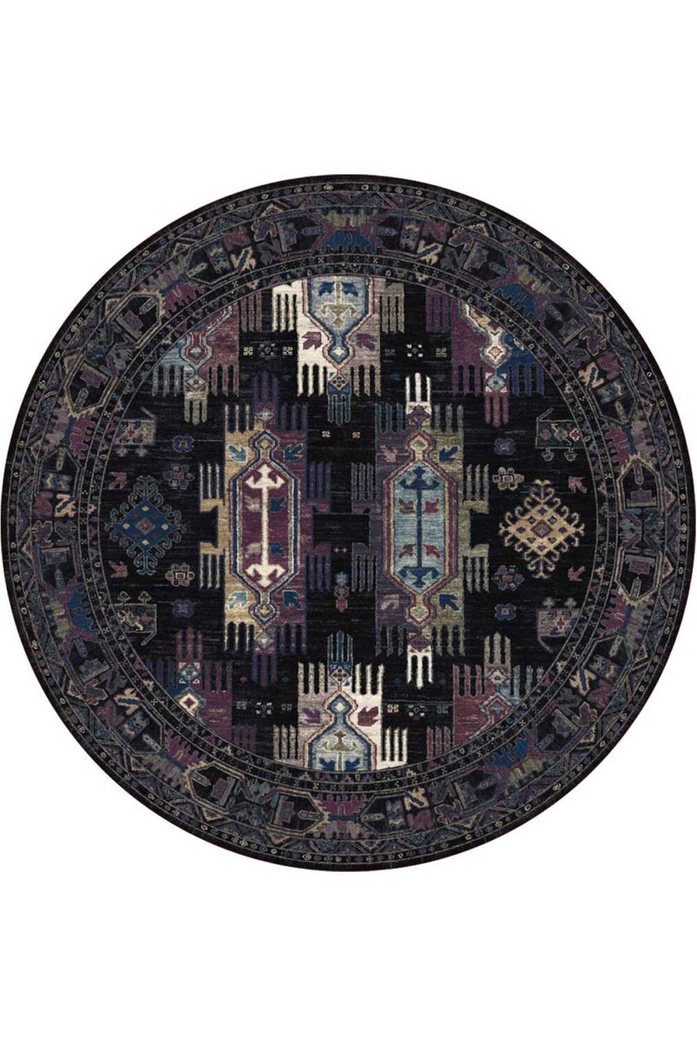 Kilim Desen Pamuk Taban Dijital Baskılı Yuvarlak Halı Siyah - 1