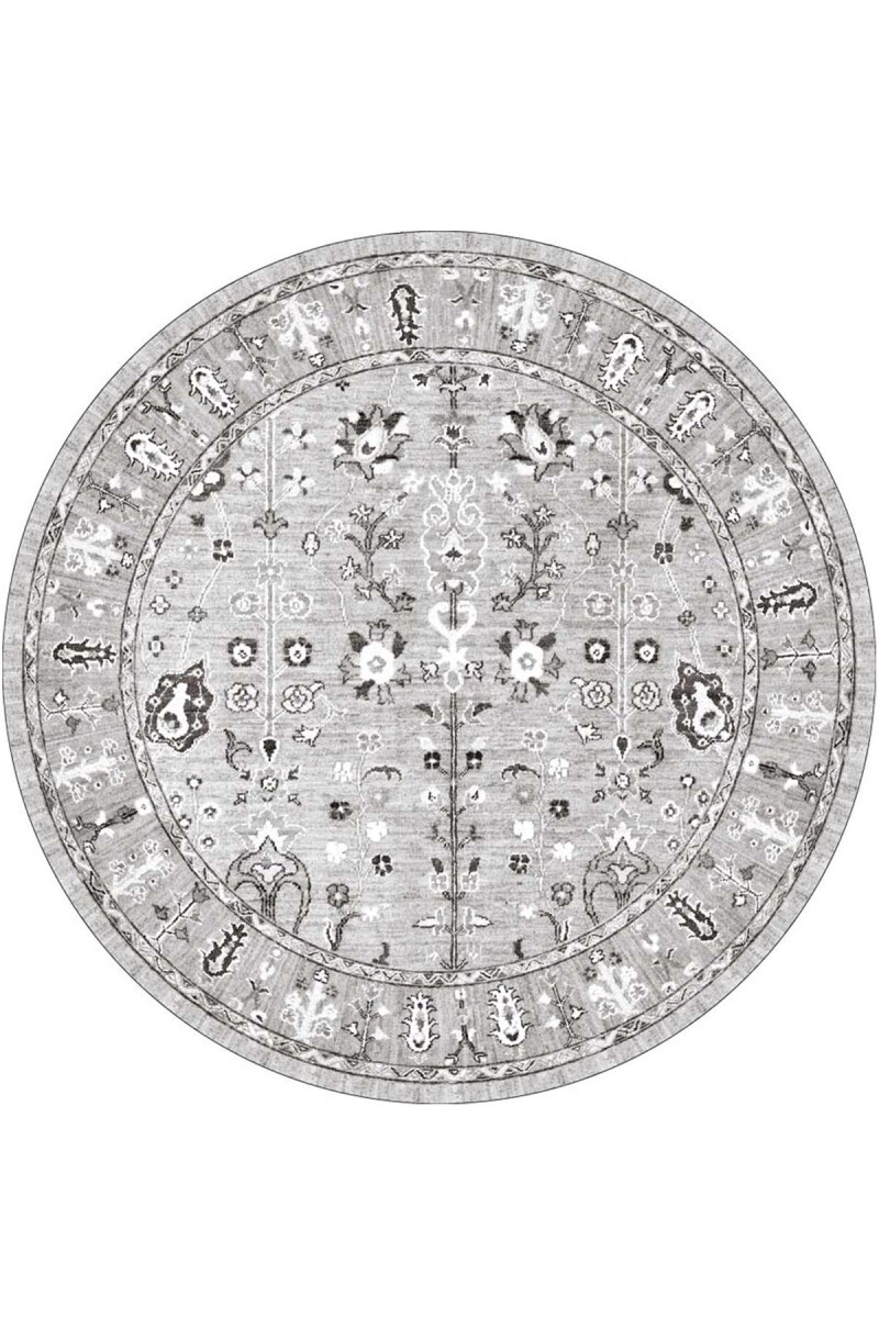 Kilim Desenli Pamuk Taban Dijital Baskılı Yuvarlak Halı Gri 