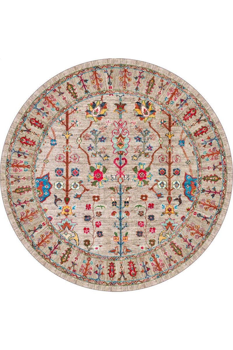 Kilim Desenli Pamuk Taban Dijital Baskılı Yuvarlak Halı Vizon - Frenda