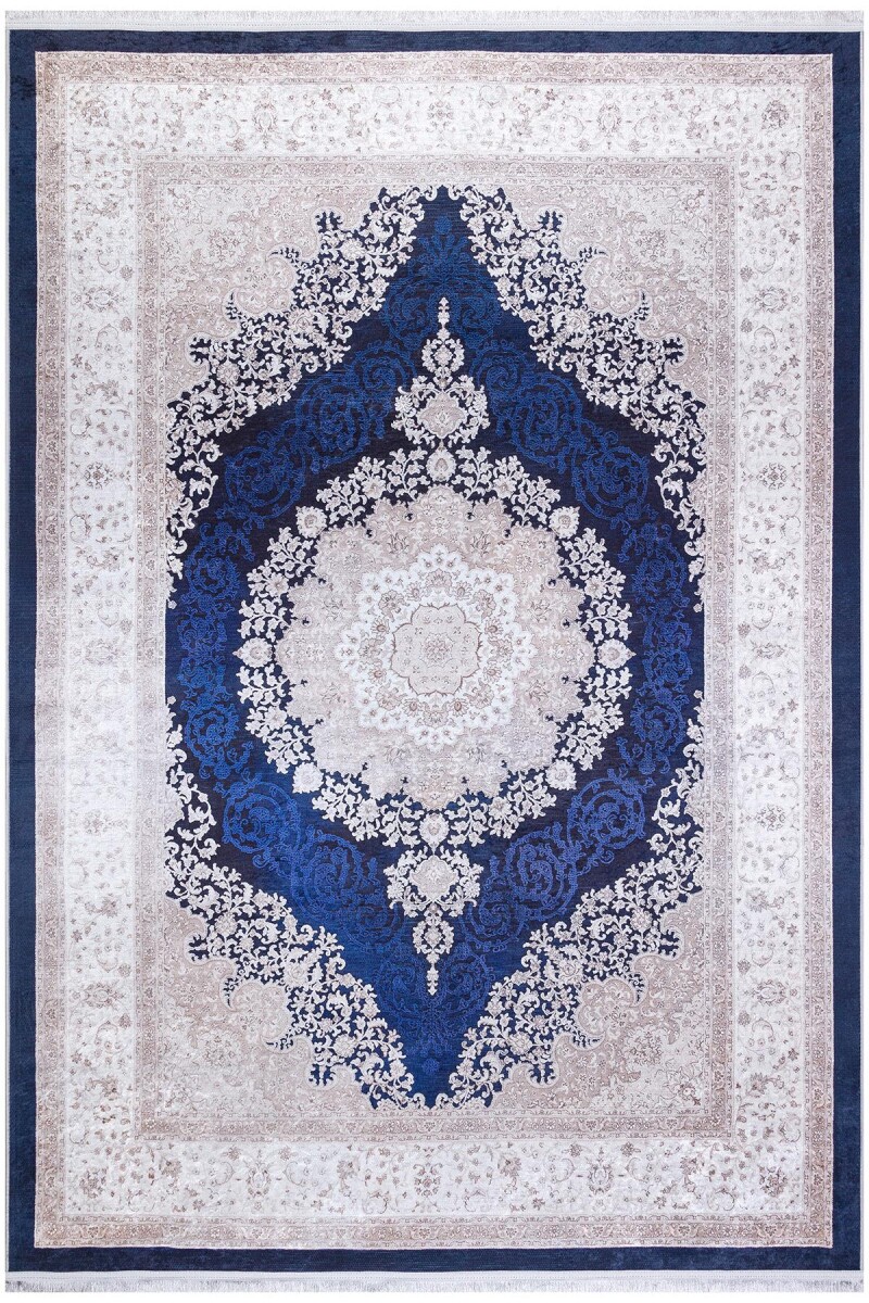 Klasik Desen Pamuk Taban Yıkanabilir Dijital Baskılı Halı Lacivert - Frenda