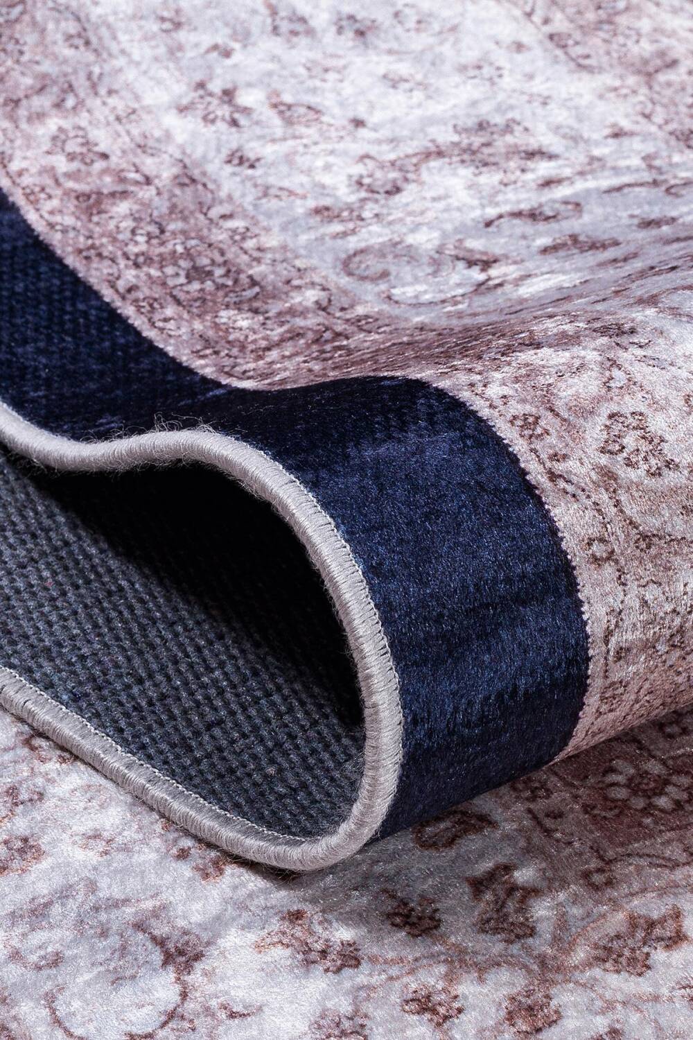 Klasik Desen Pamuk Taban Yıkanabilir Dijital Baskılı Halı Lacivert - 4