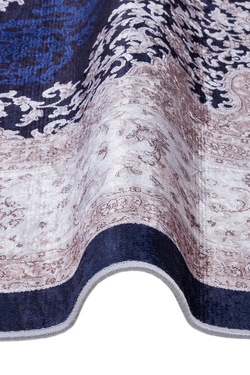 Klasik Desen Pamuk Taban Yıkanabilir Dijital Baskılı Halı Lacivert - 3