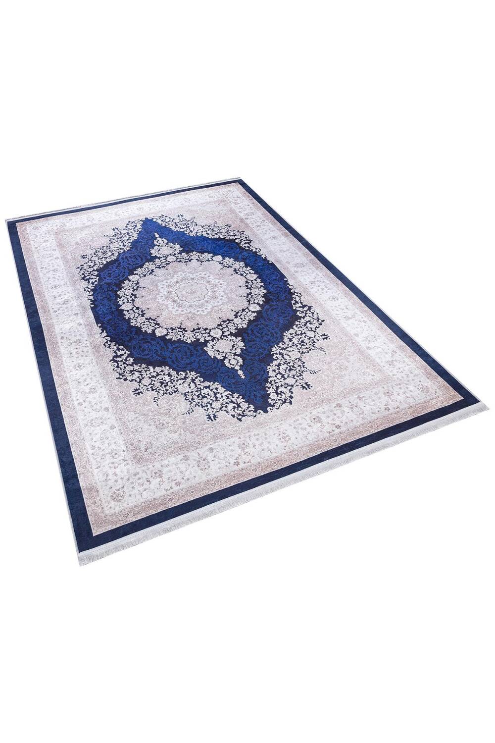 Klasik Desen Pamuk Taban Yıkanabilir Dijital Baskılı Halı Lacivert - 2