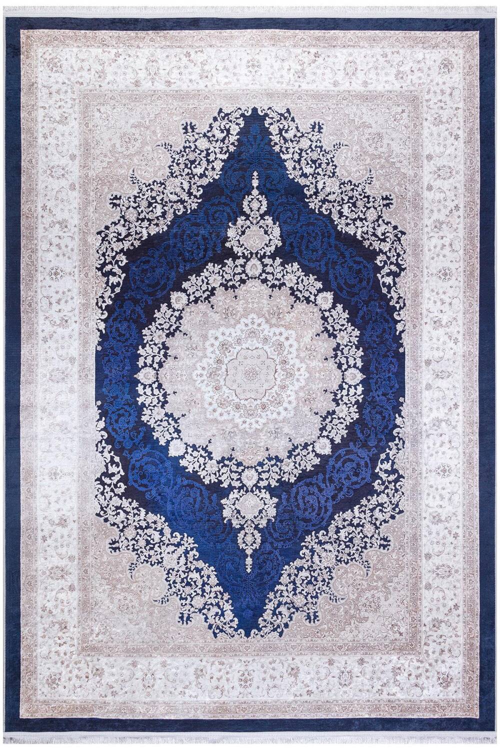 Klasik Desen Pamuk Taban Yıkanabilir Dijital Baskılı Halı Lacivert - 1