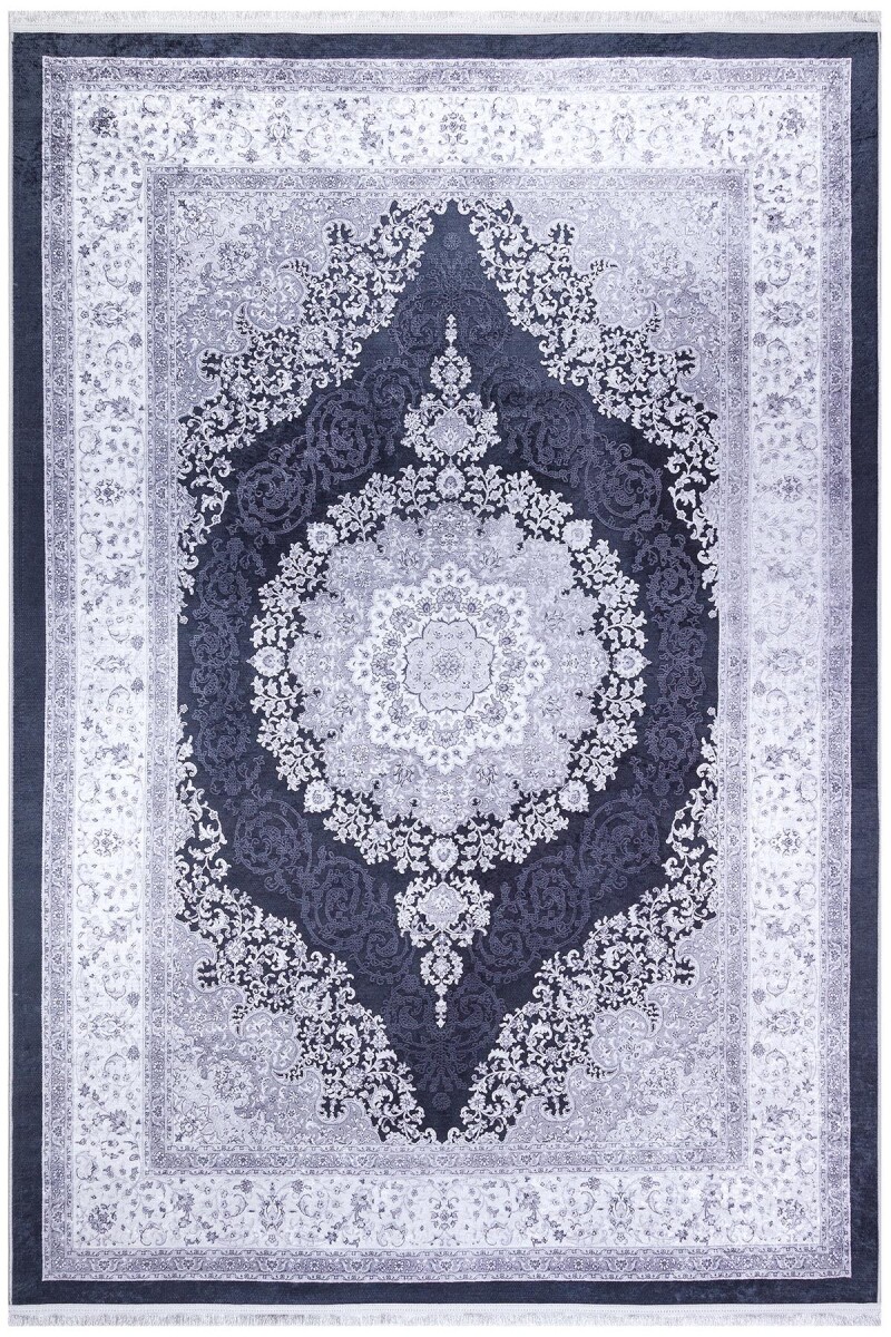 Klasik Desen Pamuk Taban Yıkanabilir Dijital Baskılı Halı Siyah - Frenda