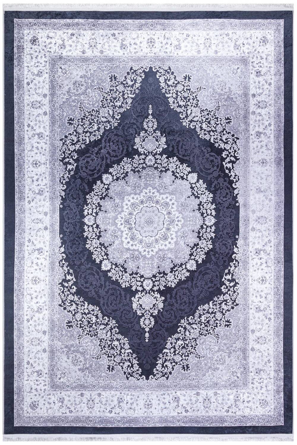 Klasik Desen Pamuk Taban Yıkanabilir Dijital Baskılı Halı Siyah - 1