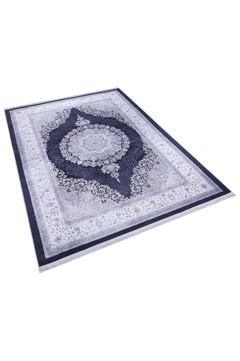 Klasik Desen Pamuk Taban Yıkanabilir Dijital Baskılı Halı Siyah - 2