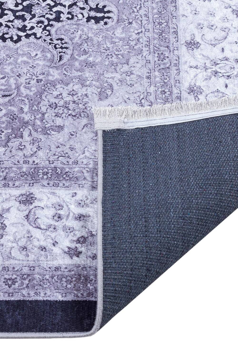 Klasik Desen Pamuk Taban Yıkanabilir Dijital Baskılı Halı Siyah - 4